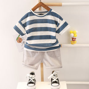 New summer baby clothes two-color striped shirt+cotton shorts 2-piece set