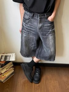 American Retro Street Washed Lightning Pattern Seven-Foot Jeans Loose Wide Leg Straight Casual Shorts for Men Summer Leisure