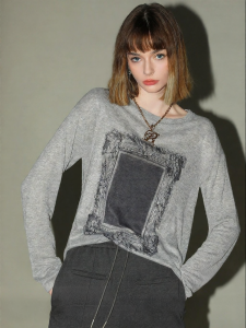 COCO BELLA | Stylish Printed Loose Comfortable Long Sleeve T-Shirt Gray