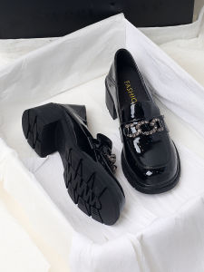 British Style Slip-On Loafers Womens New Thick Heel Fashionable Pearl Metal Chain All-Match round Toe Elegant Leather Shoes