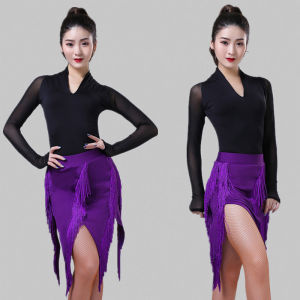 Adult Womens Latin Dance Skirt Half-length Bell-bottom Split Training Competition Square Dance Clothing Summer Fitness Set