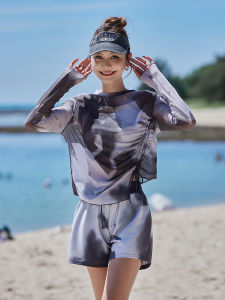 Womens 2025 New Three-piece Swimsuit Thermal Spring Split Briefs Short Sleeve Conservative Slimming Sporty Swimwear