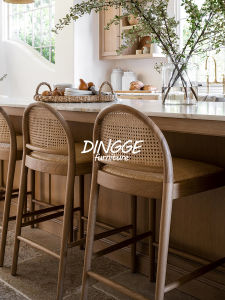 Nordic Modern Simple Real Wood Wicker Bar Chair Designer Luxury Home Island Desk Chair Front Desk Reception High Footstool