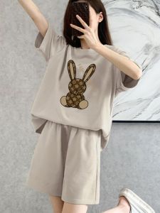 Pure Cotton Casual Sportswear Set for Women Short Sleeve Shorts Home Outdoor Loose plus Size Two Piece Set round Neck