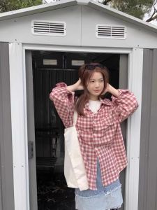 Retro American Plaid Long Sleeve Womens Shirt Casual Loose Fit Spring Autumn Fashion Brand Anti-Uv Polo Collar Regular Length