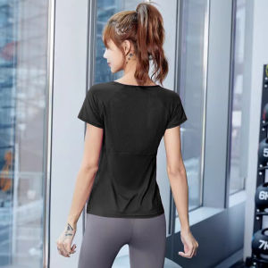 Womens Yoga Fitness Shirt Short Sleeve Mesh Mid-Length Quick Dry Breathable Slimming Sportswear Polyester Elastic Fiber
