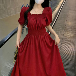 Váy Dài Cổ Vuông Màu Đỏ Kiểu Pháp Cổ Điển Cạp Chun Váy Dài Mùa Hè Cỡ Lớn Che Bụng Phong Cách Hepburn Cho Nữ