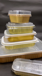 (10PCS) Loyang Foil Gold 200ml + Tutup Mika Aluminium Foil Uk 16x6x3 cm Panggang Roti Kue Puding Kukus