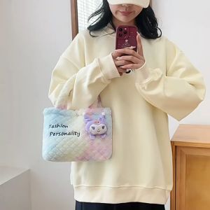 ASCENSION FASHION Colorful Gradient Plush Handbag for Girls Cute Cartoon Soft Tote Bag for Students Dreamy Vibe