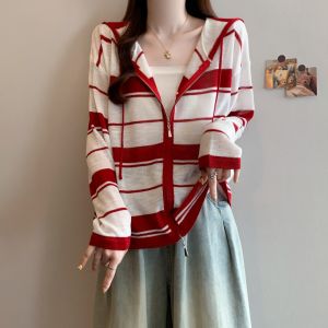 AIYITI | Oversized Stripe Hoodie Knit Top Summer Thin Lightweight Sun Protection Outerwear