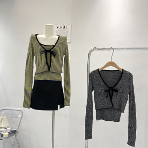 Spring 2024 Womens Knitted Cardigan And Camisole Set Stripe Patterned Short Style Vintage Retro Inner Wear Outerwear Combo