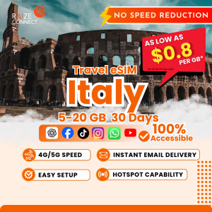 Italy eSIM | 5-20GB High Speed | 30 Days Data Plan | Raize Connect