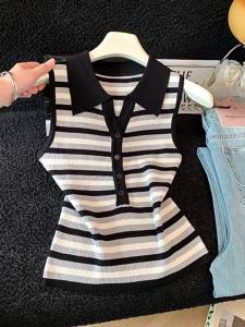Striped Collar Knitted Tank Top Womens Summer New Style Wearable Slimming Sleeveless Top