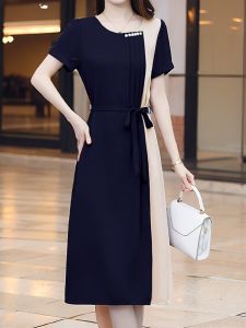 MAIMEI | Elegant A-Line Dress Womens Summer 2025 New Design Slimming Waistline Fashionable Korean Style Short Sleeve Round Neck Dress