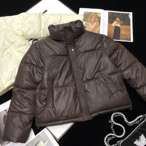 Womens Short Cotton Jacket Coated Leather Look CCA No Hat Small Size Solid Color Bread Coat Thickened Long Sleeve Zipper