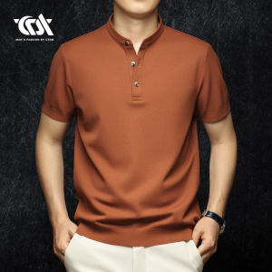 เสื้อยืดคอตตอนแขนสั้นฤดูร้อนสำหรับผู้ชาย ทรงปกติ ผ้าตาข่ายลูกไม้ ปกตั้ง แขนสั้น ผ้าฝ้ายเนื้อนุ่ม สีพื้น เสื้อโปโล