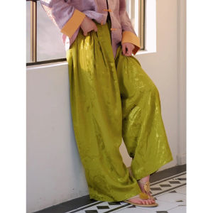 New Chinese Style Green Floral Print Belted Casual Pants Design Sensation Small Audience Embossed Elastic Waist Slim Wide Leg Pants Women