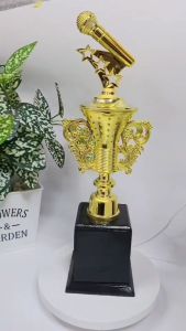 ถ้วยรางวัล ทําจากพลาสติก ชุบสีทอง ตั้งบนฐานไม้ จํานวน 1 ใบ