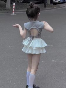 Girls Summer Outfit Backless Short Sleeve Two-Piece Set Cake Skirt Trendy Korean Style Childrens Clothing Baby Girls Ensemble