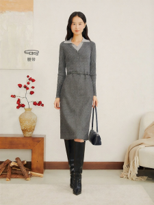 French Stylish Smart-fit Color-block Wool-blend Dress