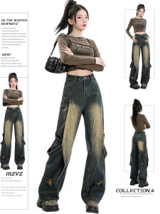 Quần Jeans Ống Rộng Cạp Cao Phong Cách Mỹ Retro MZVZ Quần Ống Rộng Thường Ngày Cho Nữ Quần Công Sở Thẳng Mùa Xuân Thu