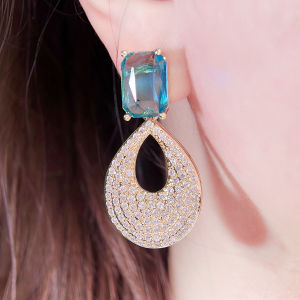 SEQUITO Temperament Bridal Wedding Jewelry Yellow Gold Plated Inlay Blue Baguette Cut AAAAA Tiny Shiny Crystal Hollow Drop Dangle Earrings SE919