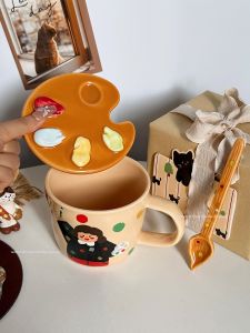 Cute Cartoon Girl Walking Dog Mug with Lid and Spoon Ceramic