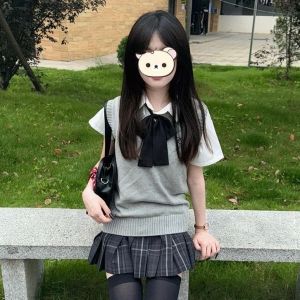 เสื้อกั๊กถักนิตติ้งสไตล์ญี่ปุ่นสำหรับผู้หญิงไซส์เล็ก เสื้อแจ็คเก็ตลำลองสำหรับฤดูใบไม้ผลิและฤดูใบไม้ร่วง