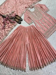 [PRE-ORDER] 2025 APRIL READYMADE PARTY WEAR PEACH BOLLYWOOD SHARARA SUIT WITH EMBROIDERY SEQUINS WORK SIZE M TO 2XL ( DELIVERY 10 WORKING DAYS) ETA: 2025 -07-30 | INDIAN WEDDING SHARARA SUIT | INDIAN WEDDING WEAR| SHARARA NEW DESIGN 2025