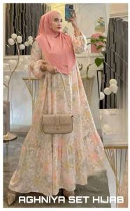 Gamis Motif Terbaru set hijab bergo kain jersey bahan rayon floy klok lebar jumbo