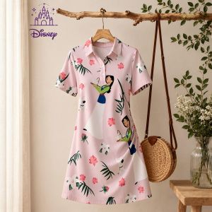 Disney | Womens Disney Print Polo Collar Dress Woman Clothing New Casual Minnie Fashion 2026 Short Sleeve A-line Mini Dress