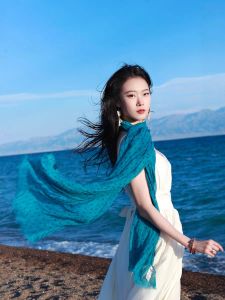 Blue Cotton Linen Scarf Womens Travel Thin Style Bohemian Necktie Ethnic Long Pashmina Summer Sun Protection Long Rectangle