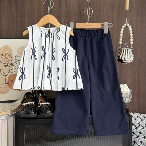 Menoea 3 4 5 6 7 năm bé gái quần áo phù hợp với mùa hè cổ tròn không tay Bow áo ba lỗ in Tops + quần màu đơn hai-mảnh phù hợp với cho trẻ em của mặc giản dị quần áo