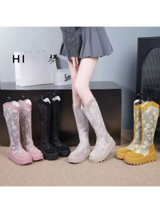 Womens Hollow out Long Tube Boots Breathable Mesh Thick Bottom Heightening Summer New Style Fashionable Casual Zipper Closure