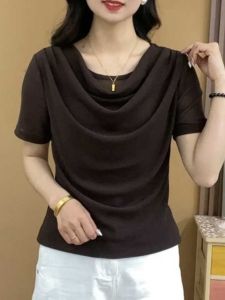 ทันสมัย ตาข่าย รัฟเฟิล ปกเสื้อ แขนสั้น เสื้อท่อนบน สําหรับผู้หญิงสีบริสุทธิ์ ฤดูใบไม้ผลิ เสื้อผ้าแม่สไตล์ใหม่ เรียบหรู พรางหุ่น เสื้อยืด