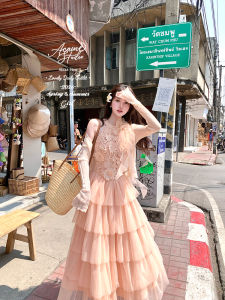 Embossed Lace Long Halter Neck Netted Dress