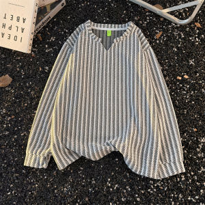 Mens Long Sleeve V-Neck T-Shirt Fishbone Pattern Casual Inner Wear Loose Fit Autumn Spring American Retro Style Cleanfit