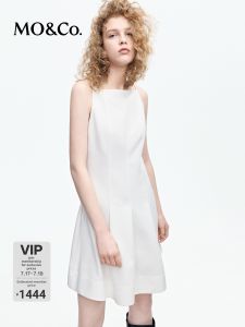 MO&Co. | Square Neckline Sleeveless Waist-Cinching A-Line Short White Dress