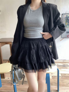 Summer White French Ballet Style Puffy Cake Skirt Womens Lace Trim Short High Waist A-Line Half-length Skirts