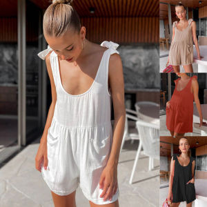 Casual Summer Strap Jumpsuit: High Waist Wide Leg Pocketless Bodysuit & Cotton Fabric Short Pants