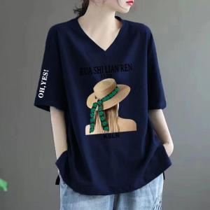 Slimming Short Sleeve T-Shirt Womens New Style Summer Trendy Loose plus Size Heavy Duty round Neck Print Cotton Top