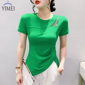 YIMEI เสื้อเปิดไหล่สไตล์ตะวันตกของผู้หญิง2023ฤดูร้อนใหม่เสื้อยืดเพชรแขนสั้นเสื้อคอตตอนพิเศษ