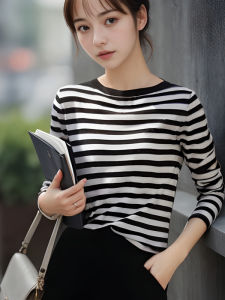 Loose Knitted Striped T-Shirt Womens Fashion Autumn Winter New Design Lazy Style Versatile Casual Long Sleeve round Neck Top