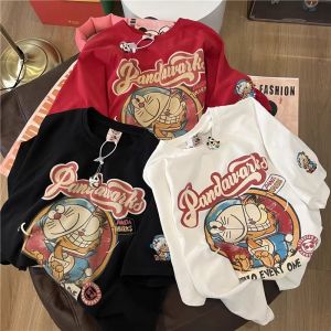American Style Garfield Cat Pure Cotton Short Sleeve T-Shirt Womens Loose Large Size Cartoon Heavyweight Summer New Couples Top