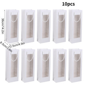 10Pcs Wine Gift Bags with Clear Window Kraft Paper Bottle Bags with Handles for Champagne Flower for Valentine Birthday Party