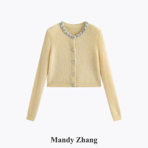 Alpaca Wool Pearl and Rhinestone Trimmed Round Neck Knit Cardigan Short Sweater