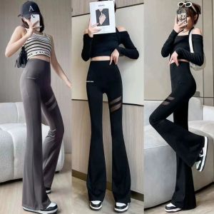 High Waist Mesh Pocket Sharkskin Pants Womens Summer Thin Style Elastic Pocket Flared Leggings Slimming Base Layer Trousers