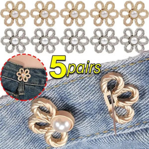 5Pair Reusable Metal Buttons Pearl Flower Snap Fastener Pants Retractable Button Sewing-on Buckles for Jeans Fit Reduce Waist