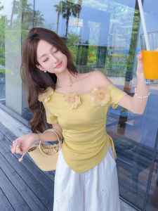 Zhang Xinyou Orange Bubble Water Knitted Short Sleeve Top Womens Summer New Style French Style Shoulder Slanting Flower 3D Print T-shirt