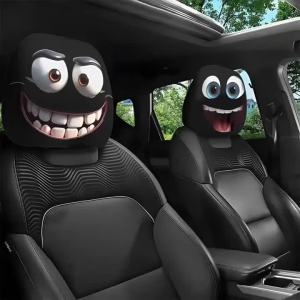 2PCS Funny Slanted Eyes Cartoon Print Car Headrest Cover for Halloween Christmas Holiday Automobile Interior Decoration